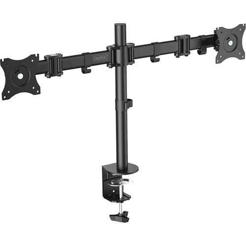 DIGITUS DA-90349 SUPPORTO UNIVERSALE PER DUE MONITOR CON SUPPORTO A MORSETTO DA TAVOLO GIREVOLE 90°, INCLINABILE DI 30°ORIENTABILE A 360° PORTATA MASSIMA 2 X 8 KG VESA 100 X 100 COLORE NERO