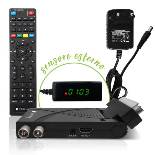 Decoder Ricevitore Digitale Terrestre DVB-T/T2 H.265 HEVC 10bit USB HDMI Scart 180&deg; e Telecomando Universale 2 in 1