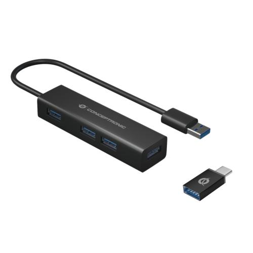 CONCEPTRONIC HUB USB 3.0 4 PORTE CON ADATTATORE DA USB-C A USB-A IN ALLUMINIO NERO