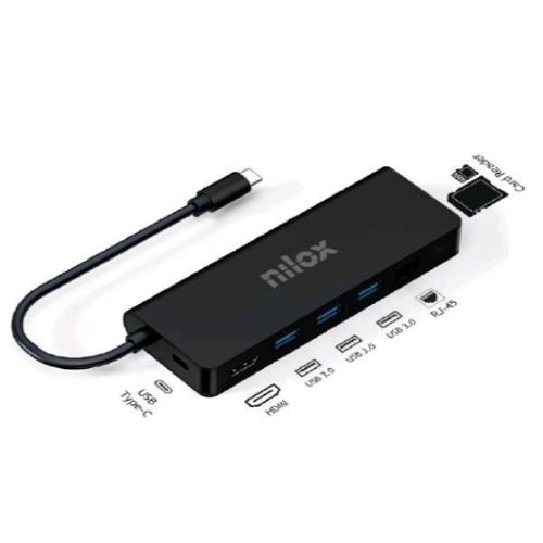 NILOX DOCK HUB USB-C 8 IN 1 3 PORTE USB 3.0 5Gbps S 1 x LETTORE SD 1 LETTORE MICRO-SD ETHERNET 1IN GRESSO PD FINO A 100W 1 x HDMI 4K