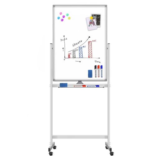 Lavagna Magnetica Bifacciale 60x100 cm con Ruote e Mensola per Pennarelli con Ganci Portablocco