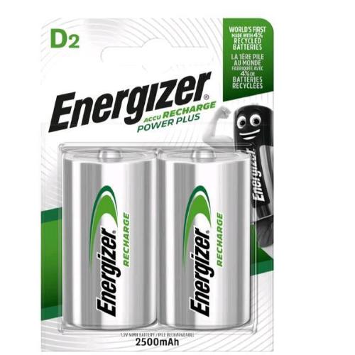 ENERGIZER POWER PLUS RECHARGE BATTERIE RICARICABILI D2 TORCIA 2.500mAh CONF 2 Pz.