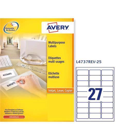 AVERY-ZWECKFORM L4737REV-25 CONF 675 ETICHETTE 29.6x63.5 MM ADESIVE REMOVIBILI COLORE BIANCO OPACO