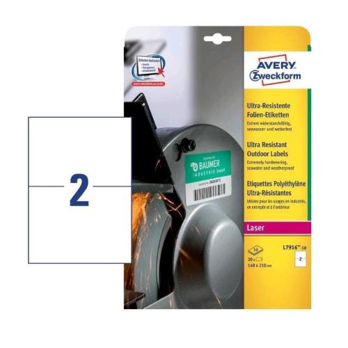 AVERY CONF 20 ETICHETTE ADESIVE IN POLIESTERE ULTRA RESISTENTI 148X210 mm BIANCO