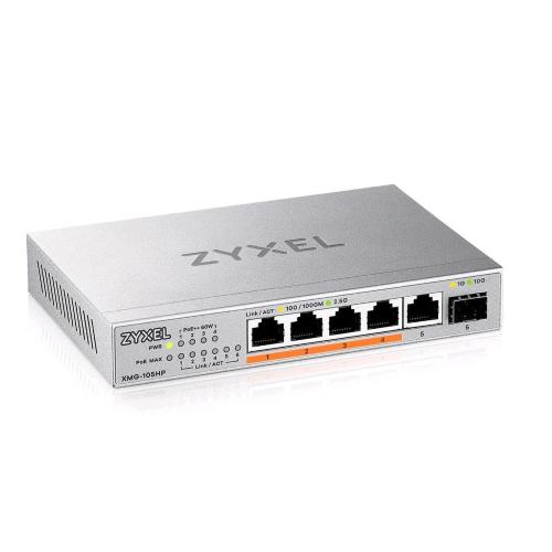 ZYXEL XMG-105HP SWTICH NON GESTITO 5 PORTE 2.5G ETHERNET 100/1000/2500 PoE 70 W 1 PORTA 10GbE SFP+ DESKTOP ARGENTO