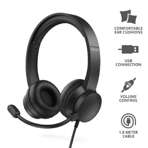 TRUST HS-201 USB PC HEADSET CUFFIA CON MICROFONO ON-EAR USB NERO