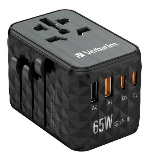 VERBATIM UNIVERSAL GaN III ADATTATORE UNIVERSALE DA VIAGGIO PER TUTTE LE SPINE DEL MONDO 65 W 2 x USB-C PD e QC 4+ 2 x USB-A