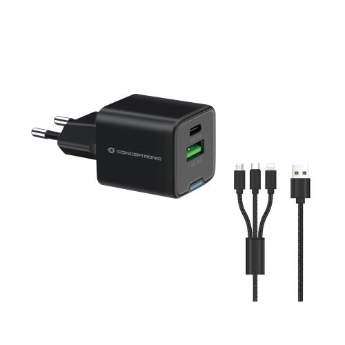 CONCEPTRONIC ALTHEA16B CARIBATTERIE DA RETE USB PD GaN 2 PORTE 33 W CON CAVO DI RICARICA 3 IN 1 (1x USB-C, 1x USB-A, QC 3.0, PPS) NERO