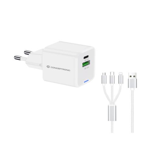 CONCEPTRONIC ALTHEA16W CARICABATTERIE USB PD GaN 33 W 2 PORTE (1x USB-C, 1x USB-A, QC 3.0, PPS) CON CAVO DI RICARICA 3 IN 1 BIANCO
