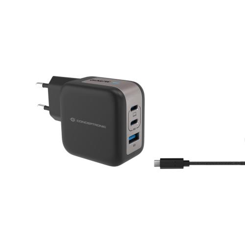 CONCEPTRONIC ALTHEA17B CARICABATTERIE DA RETE GaN PD 67 W 3 PORTE 2x USB-C, 1x USB-A, QC 3.0, PPS CAVO USB-C 1.5 MT 3A INCLUSO NERO