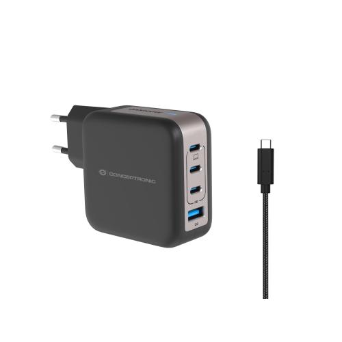 CONCEPTRONIC ALTHEA18B CARICABATTERIE DA RETE GaN PD 100 W 4 PORTE 3 x USB-C - 1x USB-A, QC 3.0 PPS CON CAVO USB-C MASCHIO-MASCHIO 1.5 MT INCLUSO NERO