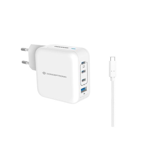 CONCEPTRONIC ALTHEA18W CARICABATTERIE PD USB GaN 100W 4 PORTE (3 x USB-C, 1 x USB-A, QC 3.0, PPS) CON CAVO DI RICARICA USB-C BIANCO