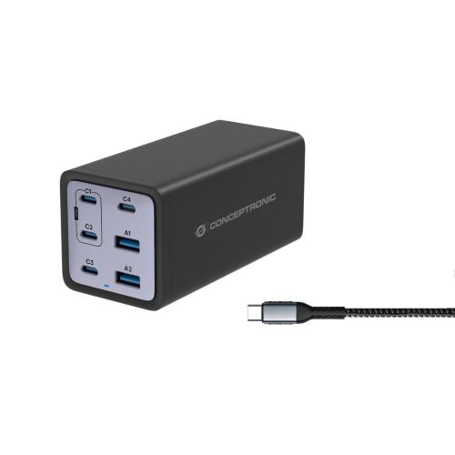 CONCEPTRONIC OZUL06BE CARICBATTERIE DA RETE PD USB GaN 200 W 6 PORTE (4X USB-C, 2X USB-A, QC 3.0, PD 3.1, PPS) CON CAVO DI RICARICA USB-C NERO