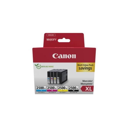 CANON PGI-2500XL BK/C/M/Y MULTIPACK CONFEZIONE DA 4 CARTUCCE XL INK NERO GIALLO CIANO MAGENTA PER MAXIFY iB4050, iB4150, MB5150, MB5155, MB5350, MB5450