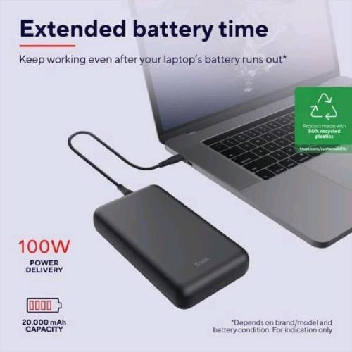 TRUST LARO POWERBANK PER RICARICA NOTEBOOK 20.000mAh POWER DELIVERY 100 W USB-A USB-C NERO