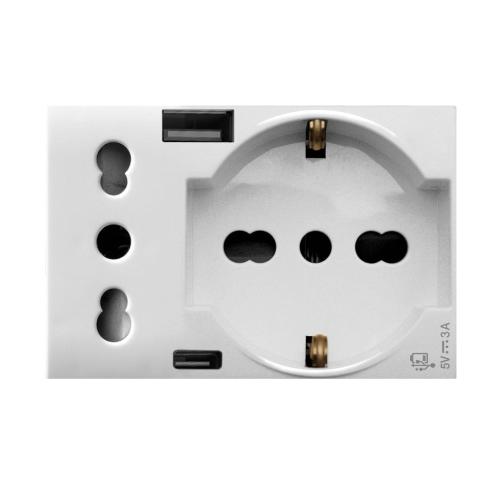 Domus S44 Presa Schuko Presa Italiana USB-A e USB-C&trade; 2P+T 10/16A 250V 3 Moduli Bianco Lucido, 44109015USB