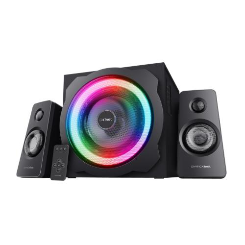 TRUST TYTAN GXT 629 SET ALTOPARLANTI CON SUBWOOFER 2.1 ILLUMINAZIONE RGB 120 W CASSE PC DA GAMING CON TELECOMANDO WIRELESS PER COMPUTER PORTATILE TABLET SMARTPHONE NERO