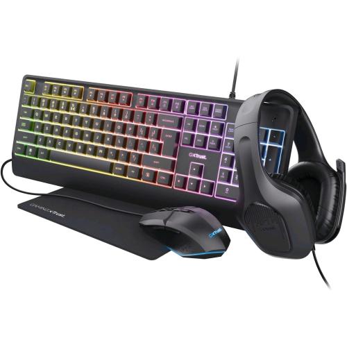 TRUST GX T792 QUADROX GAMING KIT 4 in 1 TASTIERA GAMING QWERTY LAYOUT ITALIANO + MOUSE USB 6 PULSANTI RGB + CUFFIE CON MICROFONO JACK 3.5mm + TAPPETINO GAMER NERO