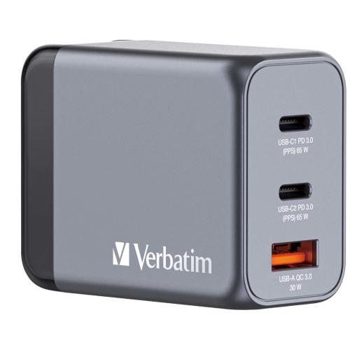 VERBATIM GNC-65 GaN CHARGER CARICABATTERIE DA RETE 65 W 3 USCITE 1 x USB-A 2 x USB-C GRIGIO