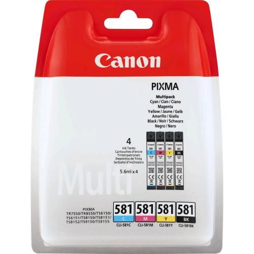 CANON CLI-581 BK/C/M/Y MULTI PACK CONFEZIONE DA 4 INK 5.6 ML NERO GIALLO CIANO MAGENTA PER PIXMA TS6251, TS6350, TS6351, TS705, TS8251 BLISTER CON ALLARME