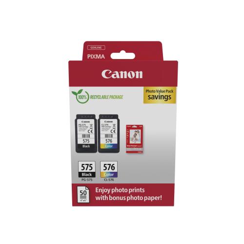 CANON PG-575/CL-576 PHOTO PAPER VALUE PACK CONFEZIONE DA 2 INK NERO + COLORE CIANO-MAGENTA-GIALLO + 50 FOGLI CARTA FOTOGRAFICA 100 x 150 mm