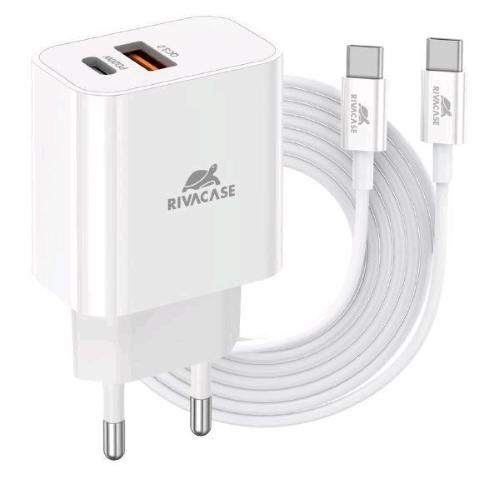 RIVACASE CARICABATTERIE DA RETE PD 20 W 2 USCITE 1 x USB-A 1 x USB-C + CAVO USB-C MASCHIO/MASCHIO 1 MT BIANCO