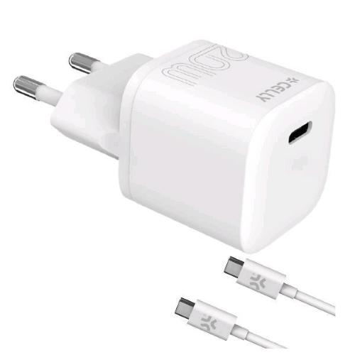 CELLY ULTRA COMPACT WALL CHARGER CARICABATTERIE DA RETE USB-C 20 W CON CAVO USB-C MASCHIO-MASCHIO INCLUSO BIANCO