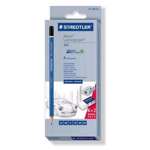 STAEDTLER MARS LUMOGRAPH SET DISEGNO 6 MATITE CON GRADAZIONI DIFFERENTI + 1 GOMMA + 1 TEMPERAMATITE CONF 1 Pz.