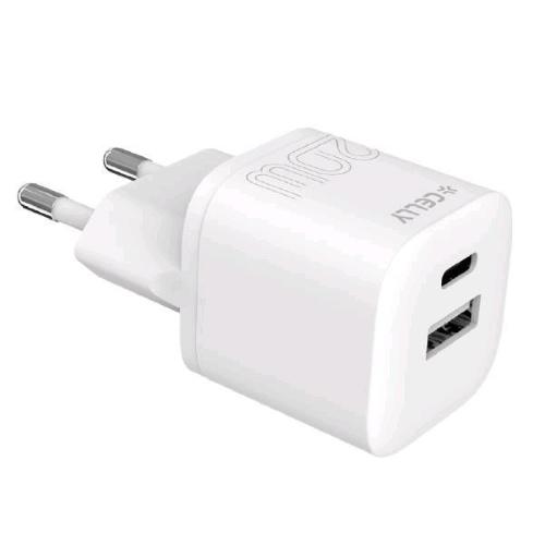 CELLY PRO POWER CARICABATTERIE DA RETE 2 USCITE PD 20 + 18 W - 1 x USB-A 1 x USB-C BIANCO