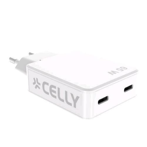 CELLY SLIM CARICABATTERIE DA RETE GaN 65 W 2 x USB-C SOLO 1cm DI SPESSORE BIANCO