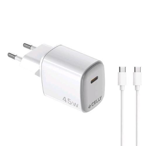 CELLY UP CARICABATTERIE DA RETE GaN 45 W USB-C + CAVO DI RICARICA USB-C MASCHIO/MASCHIO 2 MT BIANCO
