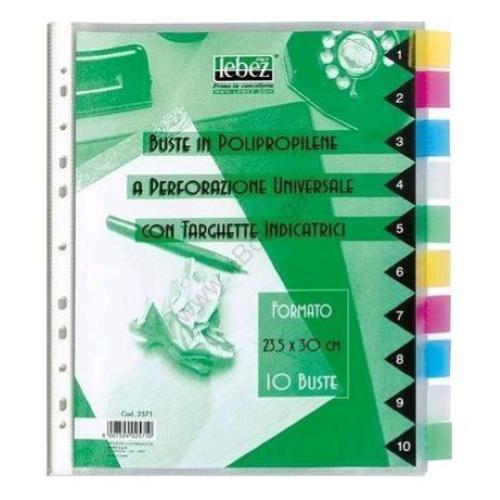 LEBEZ BUSTE A U CON TARGHETTE INDICATRICI COLORATE IN PP CM 23.5X30 A4 TRASPARENTE CONF 10 Pz.