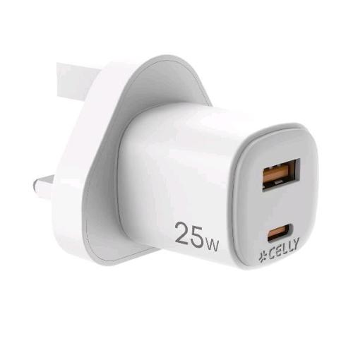 CELLY UP CARICABATTERIE DA RETE GaN CON SPINA INGLESE 25 W 1 x USB-A 1 x USB-C BIANCO