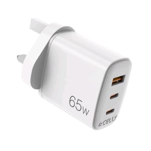 CELLY UP CARICABATTERIE DA RETE GaN CON SPINA INGLESE 65 W 1 x USB-A - 2 x USB-C BIANCO