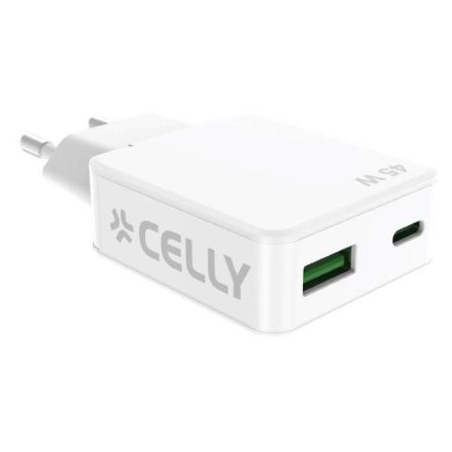 CELLY SLIMTC CARICABATTERIE DA RETE GaN SLIM SPESSORE SOLO 1cm ULTRACOMPATTO 45 W 1 PORTA USB-A 1 PORTA USB-C BIANCO