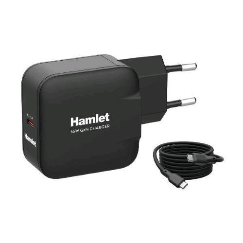 HAMLET CARICABATTERIE DA RETE GaN USB-C PD 65 W + CAVO USB-C MASCHIO/MASCHIO 2 MT NERO