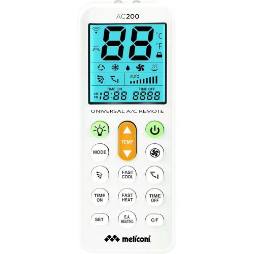 MELICONI AC 200 TELECOMANDO UNIVERSALE PER CONDIZIONATORI/CLIMATIZZATORI COMPATIBILE CON LA MAGGIOR PARTE DEI MARCHI, CON SCHERMO RETROILLUMINATO E FUNZIONE TORCIA, BIANCO