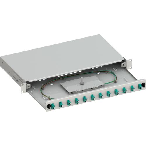 Cassetto Ottico 19'' Scorrevole con 12 Bussole e 24 Pigtails LC Duplex Multimodale OM3 Grigio