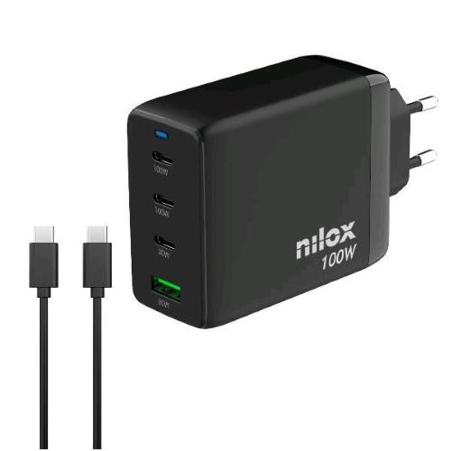 NILOX CARICABATTERIE DA RETE GaN 100 W 4 PORTE 3 x USB-C 1 x USB-A + CAVO USB-C 2 METRI INCLUSO NELLA CONFEZIONE NERO