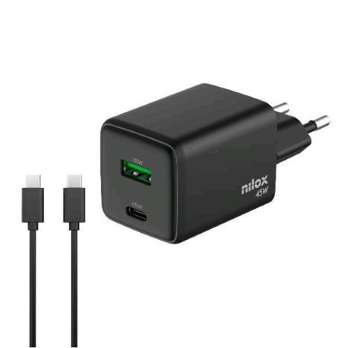 NILOX CARICABATTERIE DA RETE GaN 45 W 2 PORTE 1 x USB-C 1 x USB-A + CAVO USB-C 2 METRI INCLUSO NELLA CONFEZIONE NERO