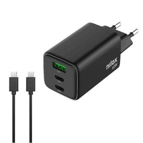 NILOX CARICABATTERIE DA RETE GaN 65 W 3 PORTE 2 x USB-C 1 x USB-A + CAVO USB-C 2 METRI INCLUSO NELLA CONFEZIONE NERO