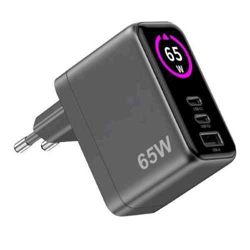 CELLY CARICABATTERIE DA RETE GaN 65W CON DISPLAY INTEGRATO PER MONITORARE LA POTENZA 2 x USB-C 1 x USB-A NERO