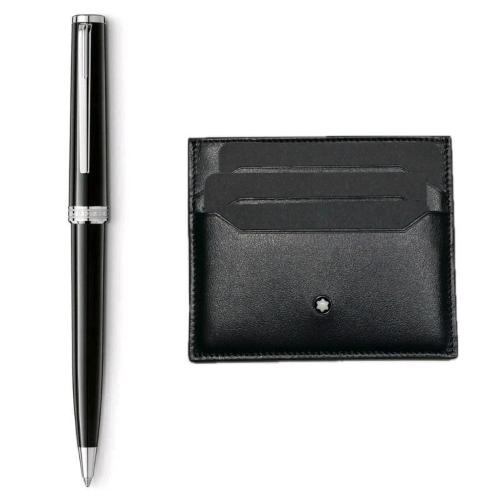 MONT BLANC SET PENNA A SFERA PIX FUSTO IN RESINA CON FINITURE IN PLATINO + PORTACARTE DA 6 SLOT NERO