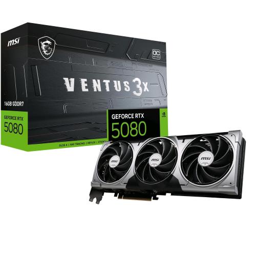 MSI VENTUS GEFORCE RTX5080 16G 3X OC NVIDIA GEFORCE RTX 5080 16 GB GDDR7 DLSS4 PCI Express x16 5.0 TRIPLE FAN - 1 x HDMI 3 x DISAPLYPORT