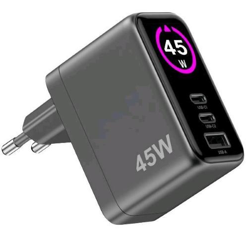 CELLY CARICABATTERIE DA RETE GaN 45W CON DISPLAY 2 x USB-C 1 x USB-A NERO