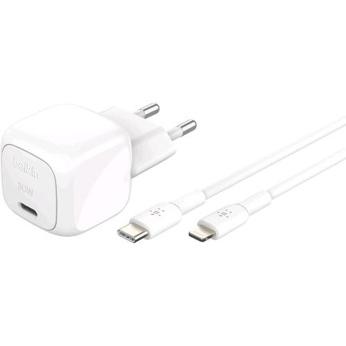 BELKIN BOOSTCHARGE CARICABATTERIE DA RETE COMPATTO 30 W USB-C CON CAVO USB-C - LIGHTNING 1 MT BIANCO
