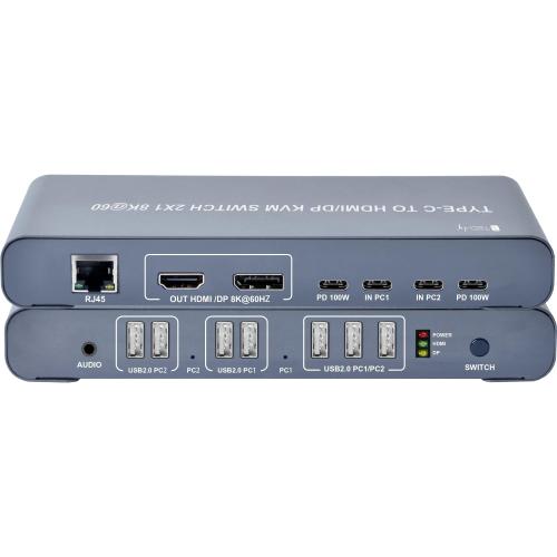 KVM Switch 2x1 USB2.0 Tipo C&trade; a HDMI/DP 8K@60Hz PD100W Nero