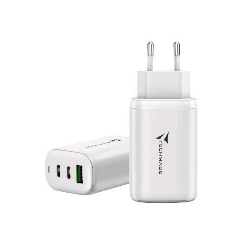 TECHMADE CARICA BATTERIA RAPIDO GAN 3P (2USB -C+1 USB-A) 65WATT BIANCO