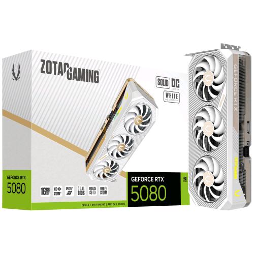 ZOTAC GAMING GEFORCE RTX 5080 SOLID OC WHITE EDITION 16GB GDDR7 DLSS4 TRIPLE FAN PCIe 5.0 16x 1 x HDMI 3 x DISPLAYPORT BIANCO