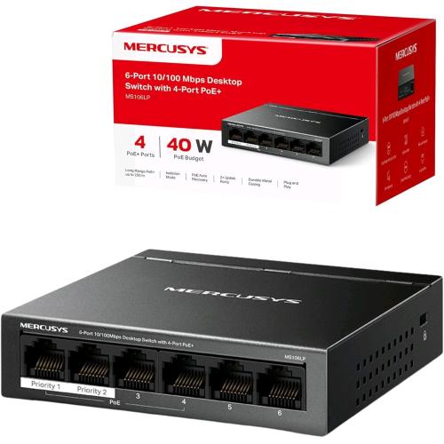 MERCUSYS MS106LP SWITCH DI RETE GESTITO 5 PORTE FAST ETHERNET (10/100) SUPPORTO POWER OVER ETHERNET (PoE) 40 W DESKTOP IN ACCIAIO NERO